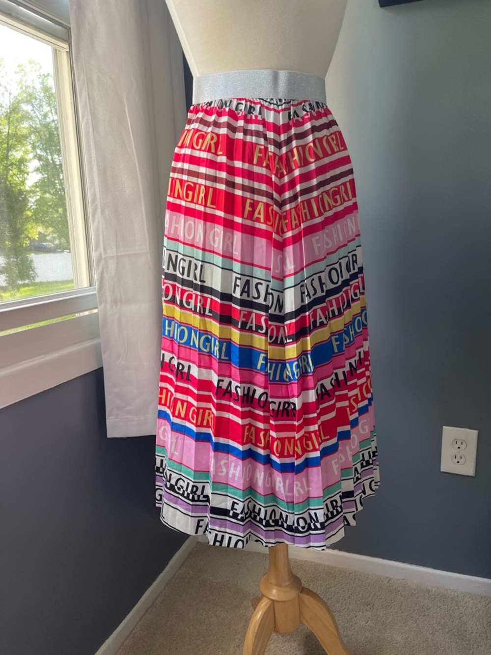 Striped Graphic Pleated Midi Skirt - Pink Multi